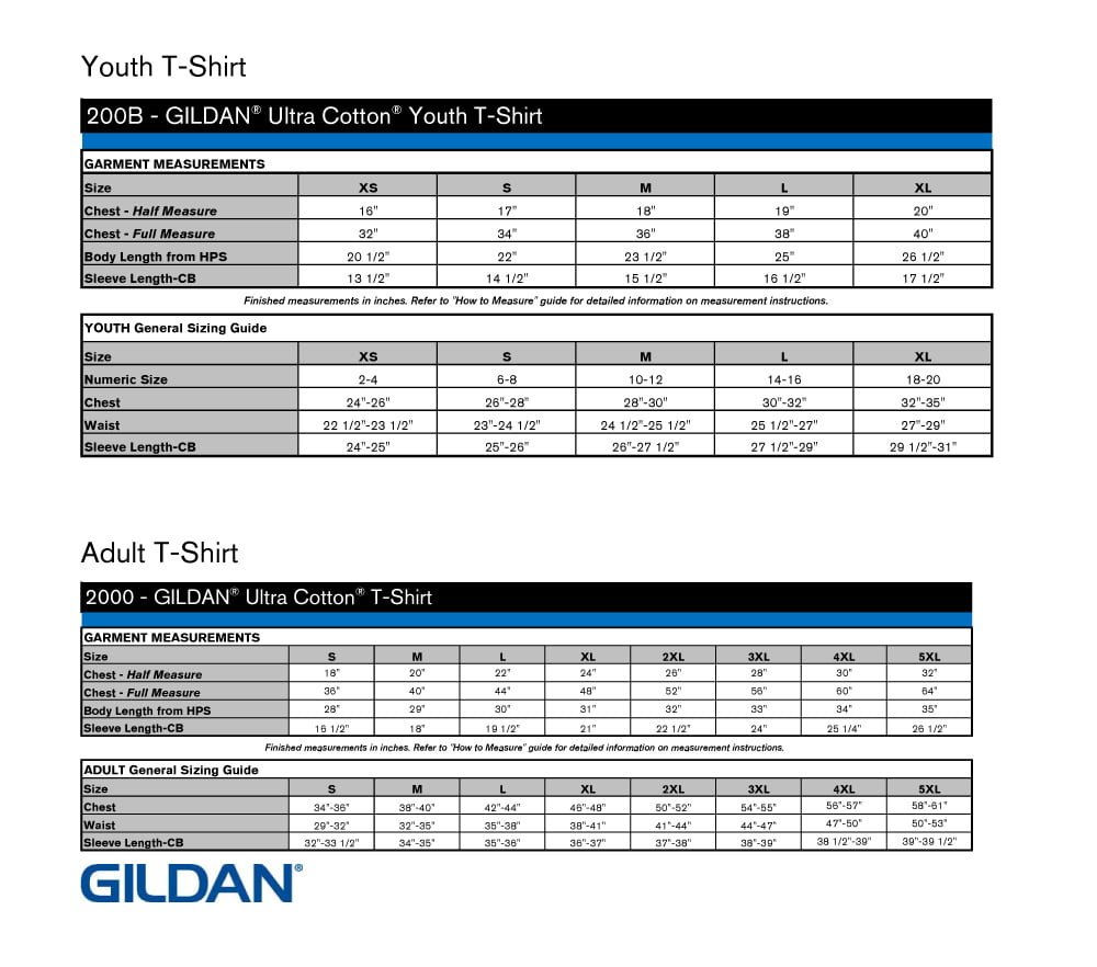 Gildan Tshirt Sizing Chart