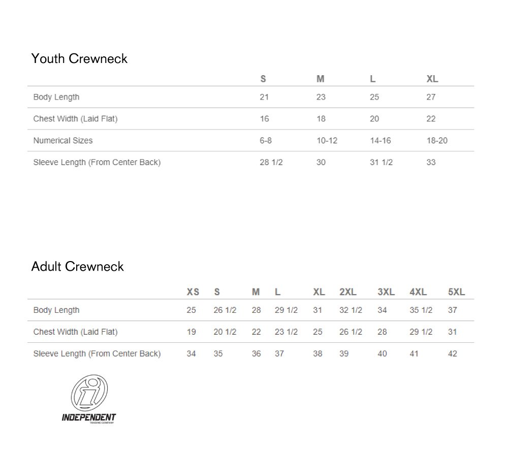 Independent Trading Co Crewneck sizing chart for youth and adult