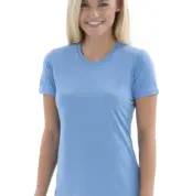 a model wearing a polyester Carolina blue tshirt.