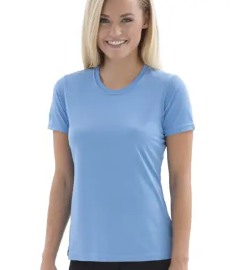 a model wearing a polyester Carolina blue tshirt.